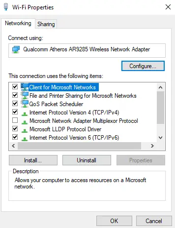 Windows 10 Wi-Fi properties window